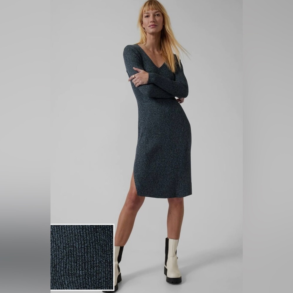 NWT Athleta Reverie Ribbed Sweater Dress Navy V-Neck Large